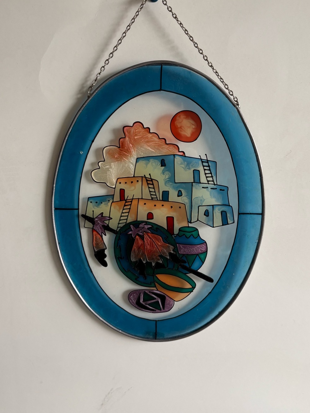 1992 Southwest Pueblo Desert Scene Stained Glass Suncatcher Oval Wall Hanging